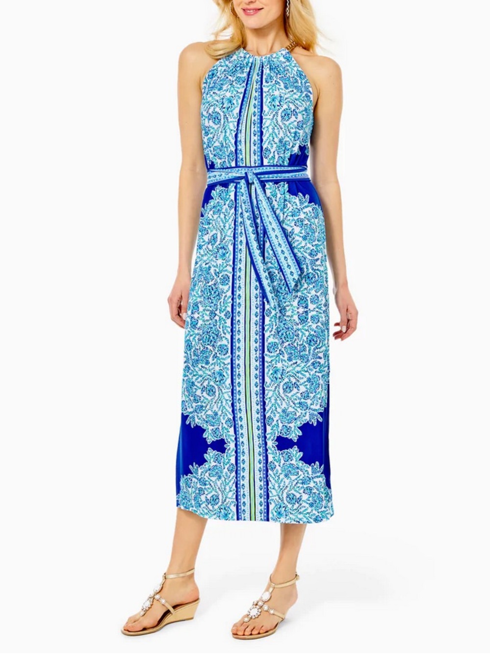 Lilly Pulitzer Bingham Blue Floral Handkerchief Maxi Dress High Neck Medium